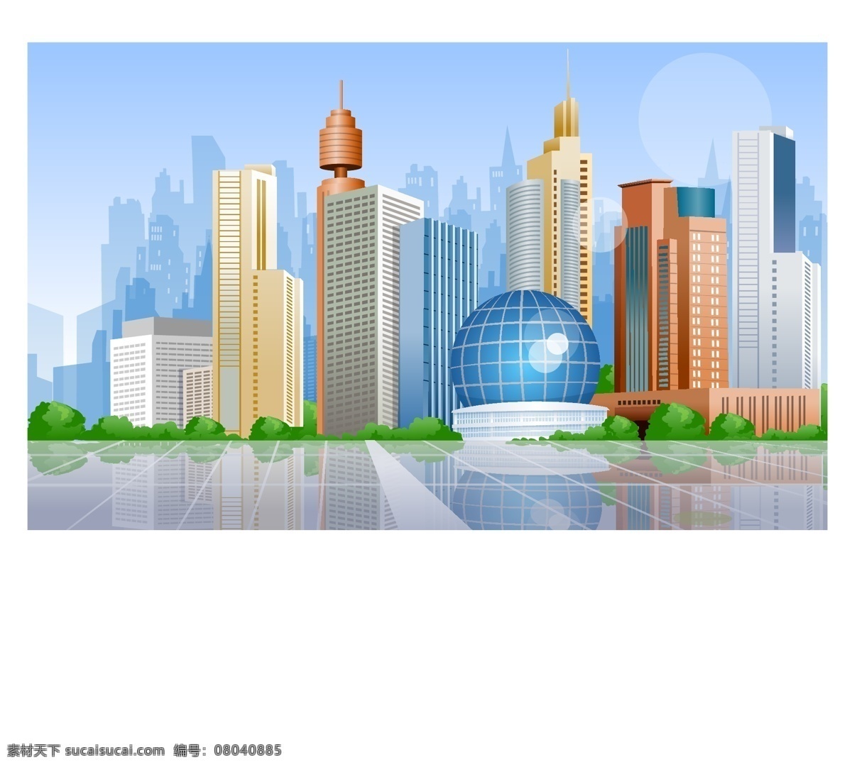 城市 楼盘 白色 大厦 高楼 蓝色 绿草 绿色 圆形 矢量 矢量图 建筑家居