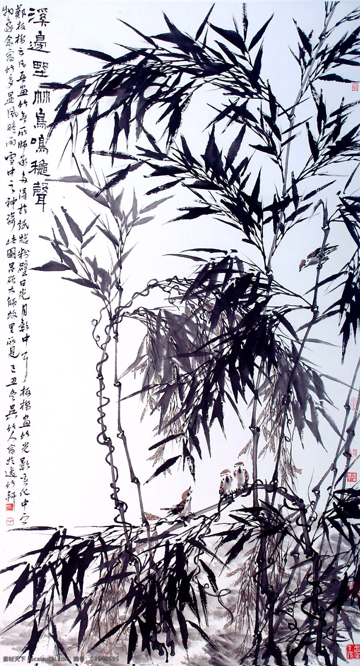 彩墨画 国画艺术 绘画 绘画书法 麻雀 美术 鸟 溪边 野竹 鸟鸣 秋声 中国画 水墨画 竹林 竹子 书法 印章 国画竹子专辑 文化艺术 家居装饰素材 雕刻 图案