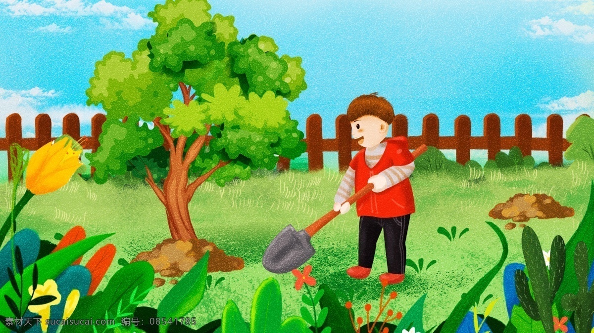 原创 唯美 劳动节 你好 植树 男孩 户外 插画 劳动节你好 大树 朋友圈配图 电商配图 公众号配图