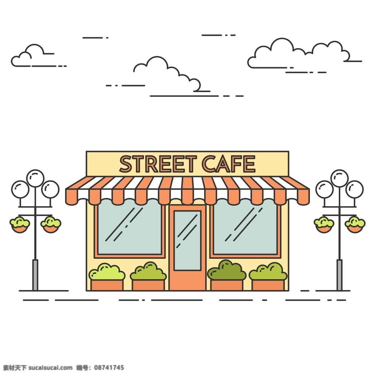手绘店铺 手绘 店铺 街头 咖啡店 推车 海报 卡通