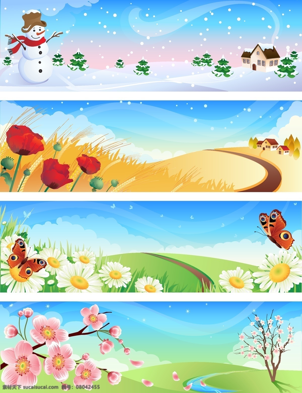四季 风景 矢量 草丛 冬天 房子 风光 蝴蝶 花草 花朵 季节 郊外 秋天 矢量春天 夏天 雪人 雪地 野菊花 小河 矢量素材 矢量图 其他矢量图
