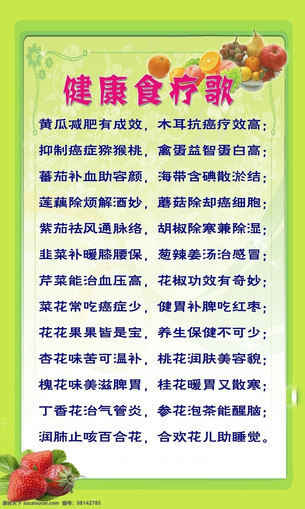 健康食疗歌 水果 底纹 草莓 文字 花边 分层 源文件
