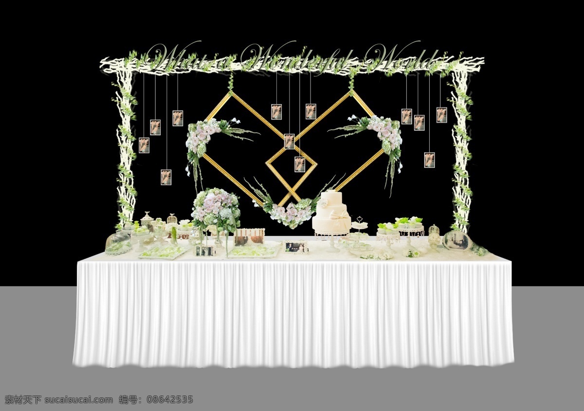 甜品区效果图 森林系甜品区 简约效果图 白绿色婚礼 甜品区 桌子 甜品桌 相框 垂挂照片 黑色
