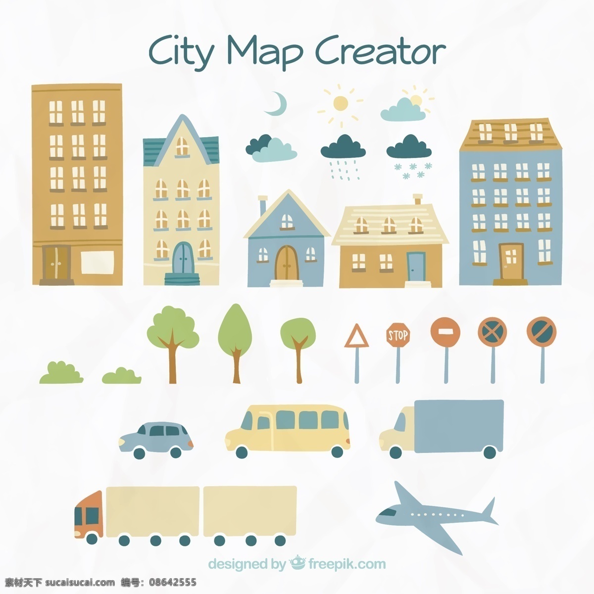 手绘城市素材 手绘城市元素 城市元素 矢量城市 城市 建筑 汽车 飞机 树木 交通路标 白色