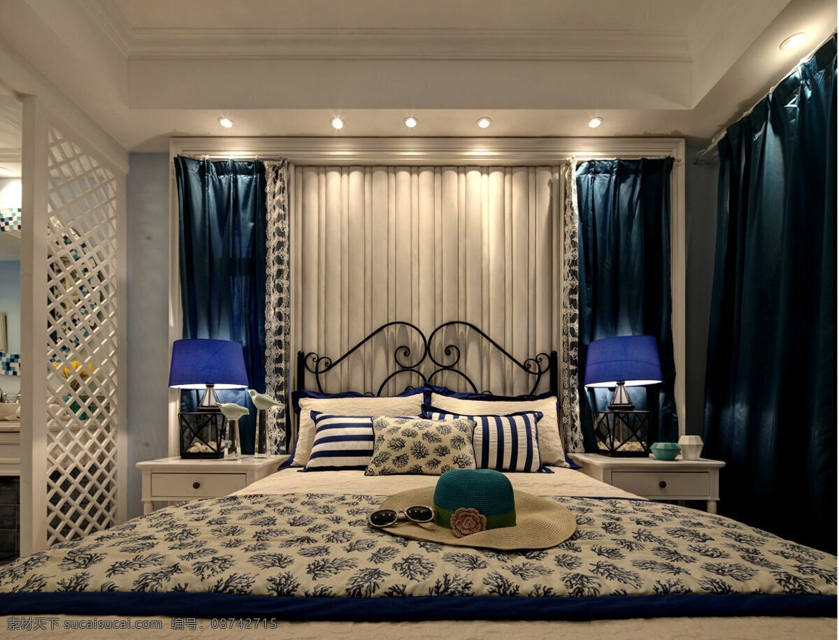 地中海 深色 调 卧室 装修 效果图 深色调 射灯 白色吊顶 窗帘 床铺