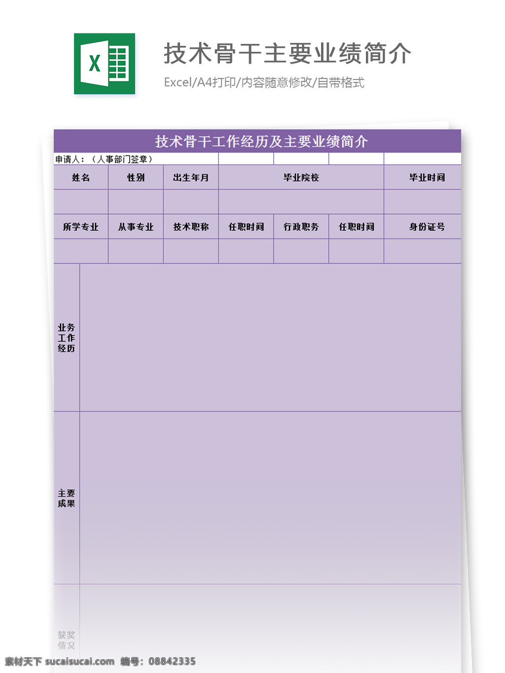 技术 骨干 主要 业绩 简介 excel 模板 工作经历 表格模板 图表 表格设计 表格