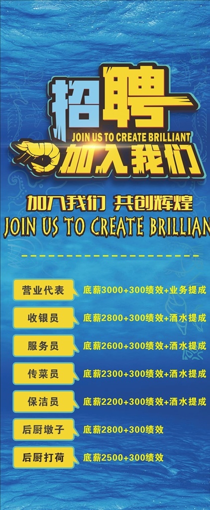 蓝色招聘 招聘海报 服务员招聘 x架子招聘 海鲜招聘