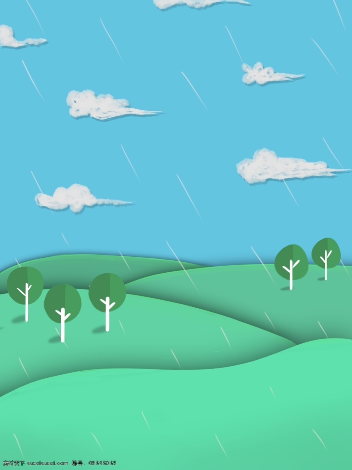 原创 节气 谷雨 小 清新 背景 树木 山坡 云朵 手绘