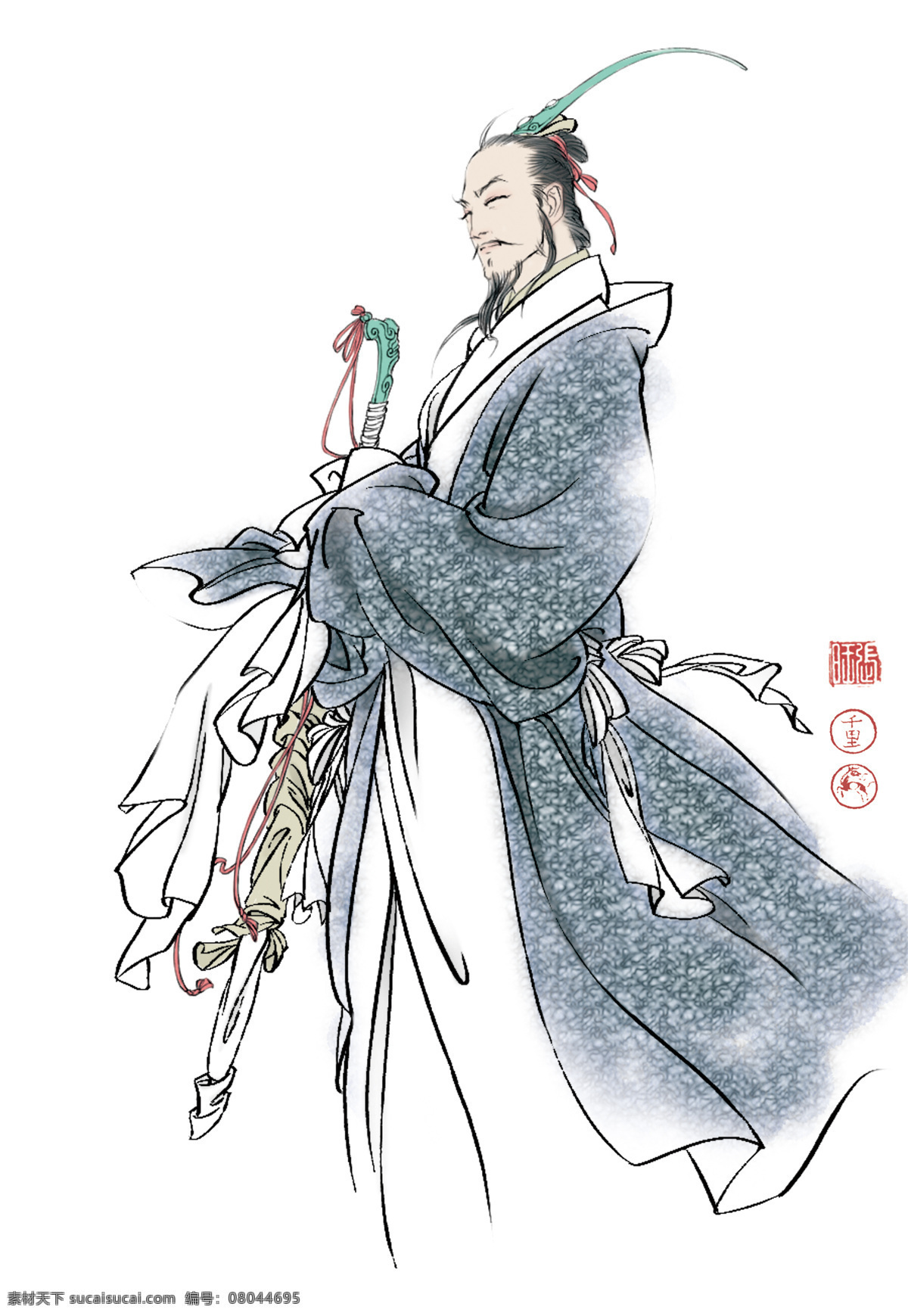 屈 子 行吟 屈原 画家张旺作品 面带愁容 装饰素材 山水风景画
