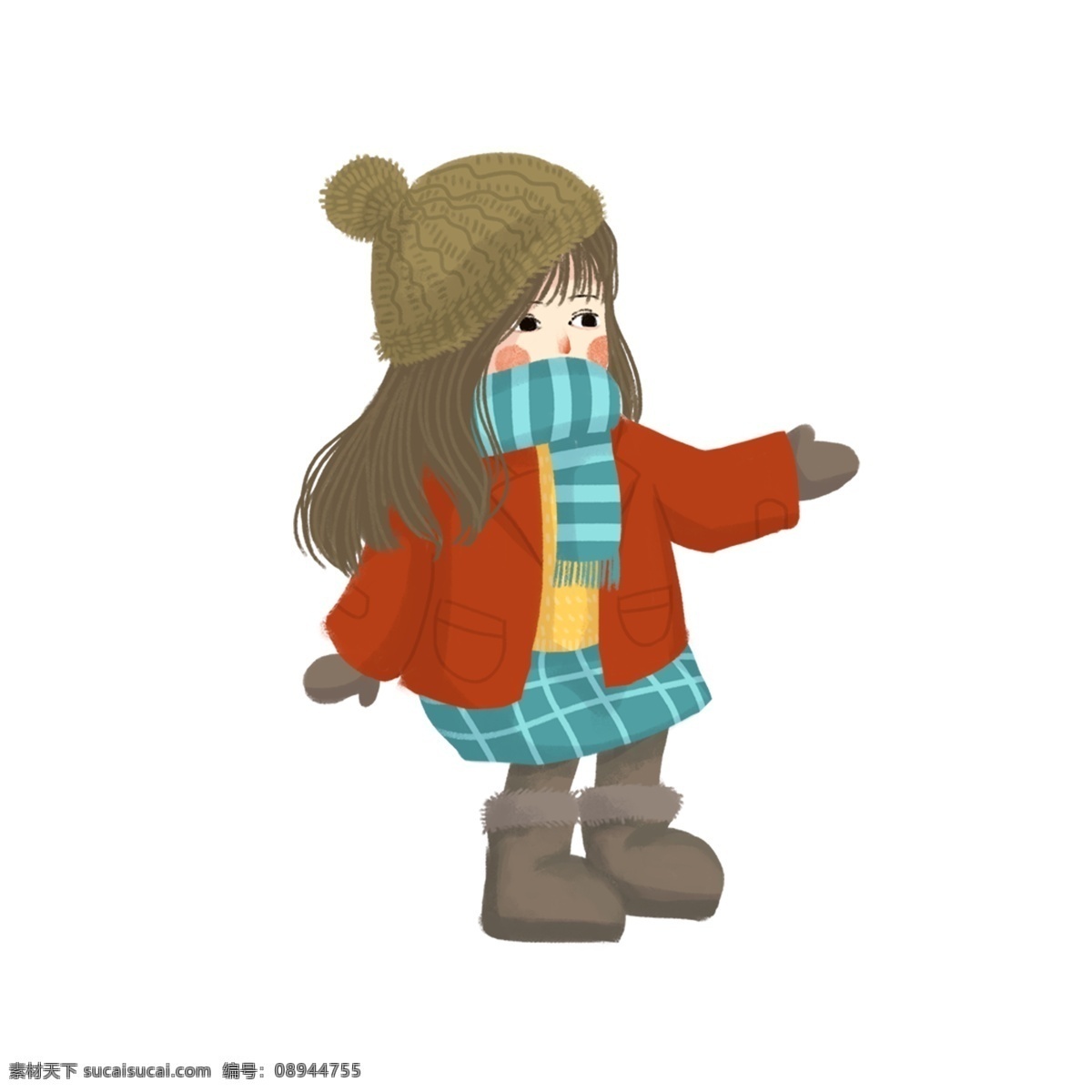 小 清新 可爱 女孩 冬季 人物 商用 元素 小清新 插画 q萌 卡通 psd设计 围巾 帽子 雪地靴