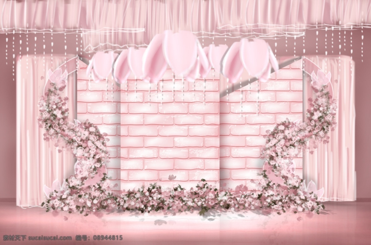 ins 粉色 砖墙 层次 造型 曲线 铁艺 婚礼 效果图 粉色系 婚礼效果图 syjpx