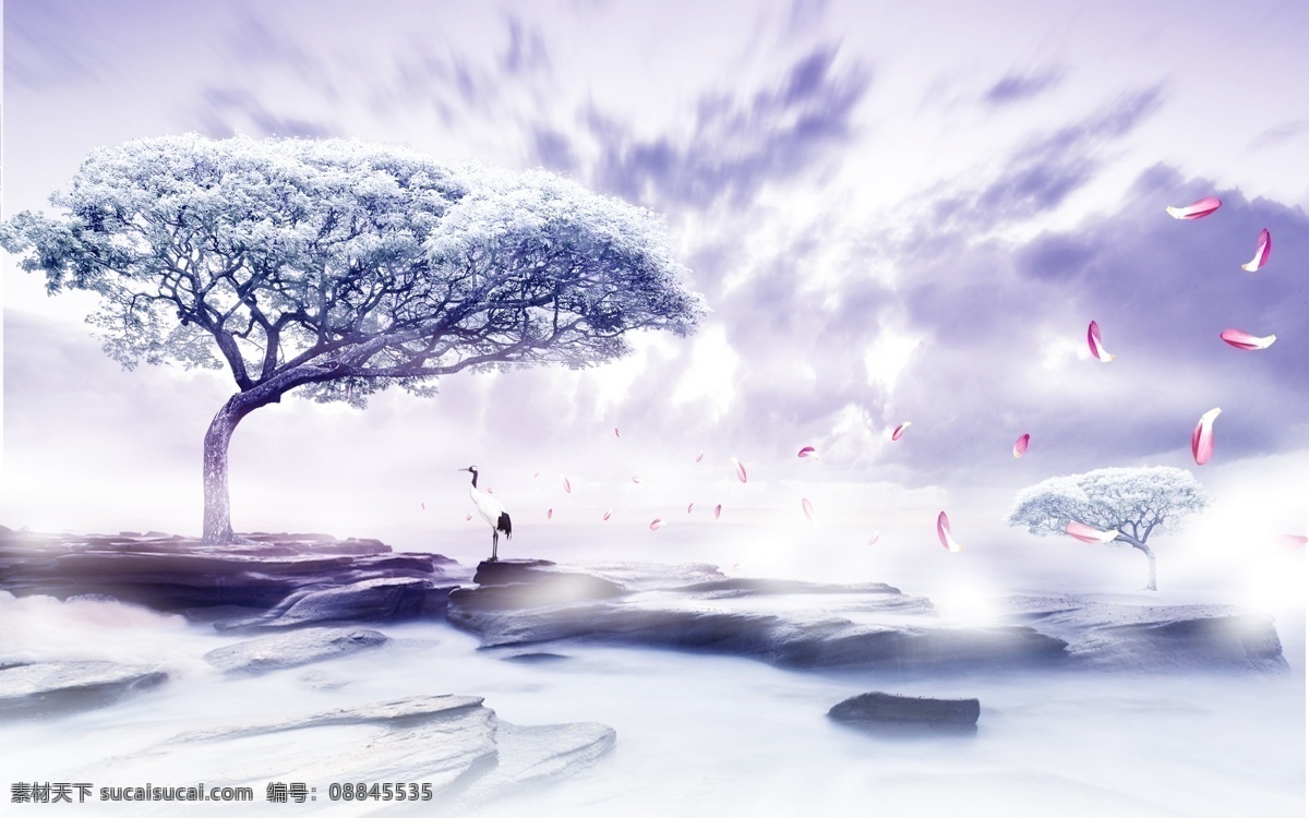 中国风元素 中国风 古典元素 云彩 树 花瓣 雾 石岸 白色
