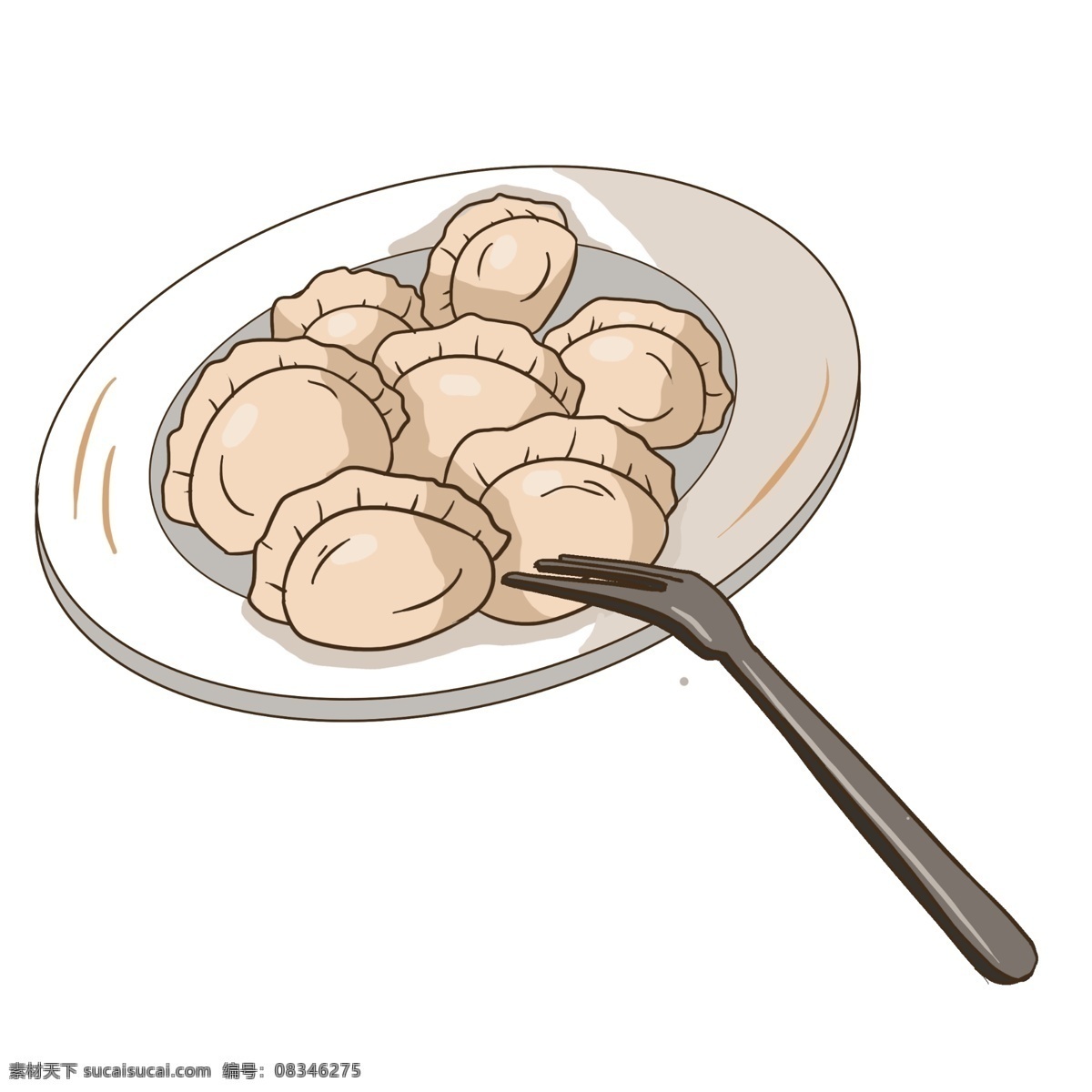 手绘 盘 美味 饺子 插画 手绘饺子 一盘美味饺子 传统美食饺子 叉子 水饺 卡通水饺 蒸饺 大馅饺子插画