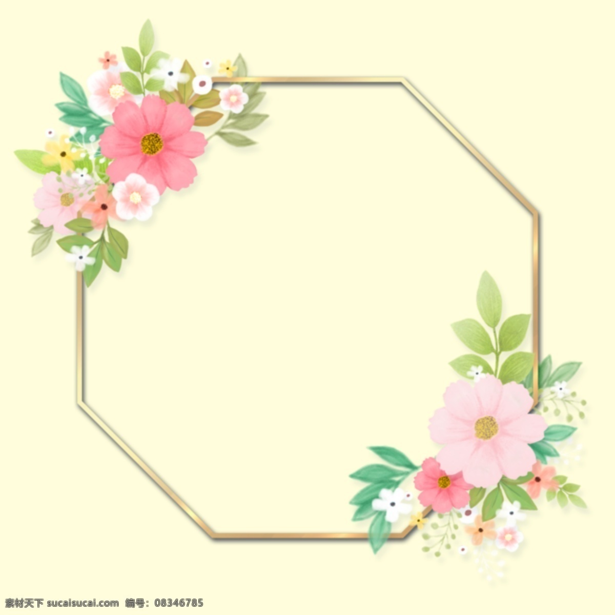 八边形 花朵 边框 黄底 绿叶
