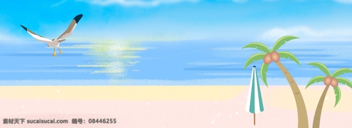 清新 夏天 沙滩 背景 海鸥 椰子 日落 海水 蓝天 太阳伞 椰子树