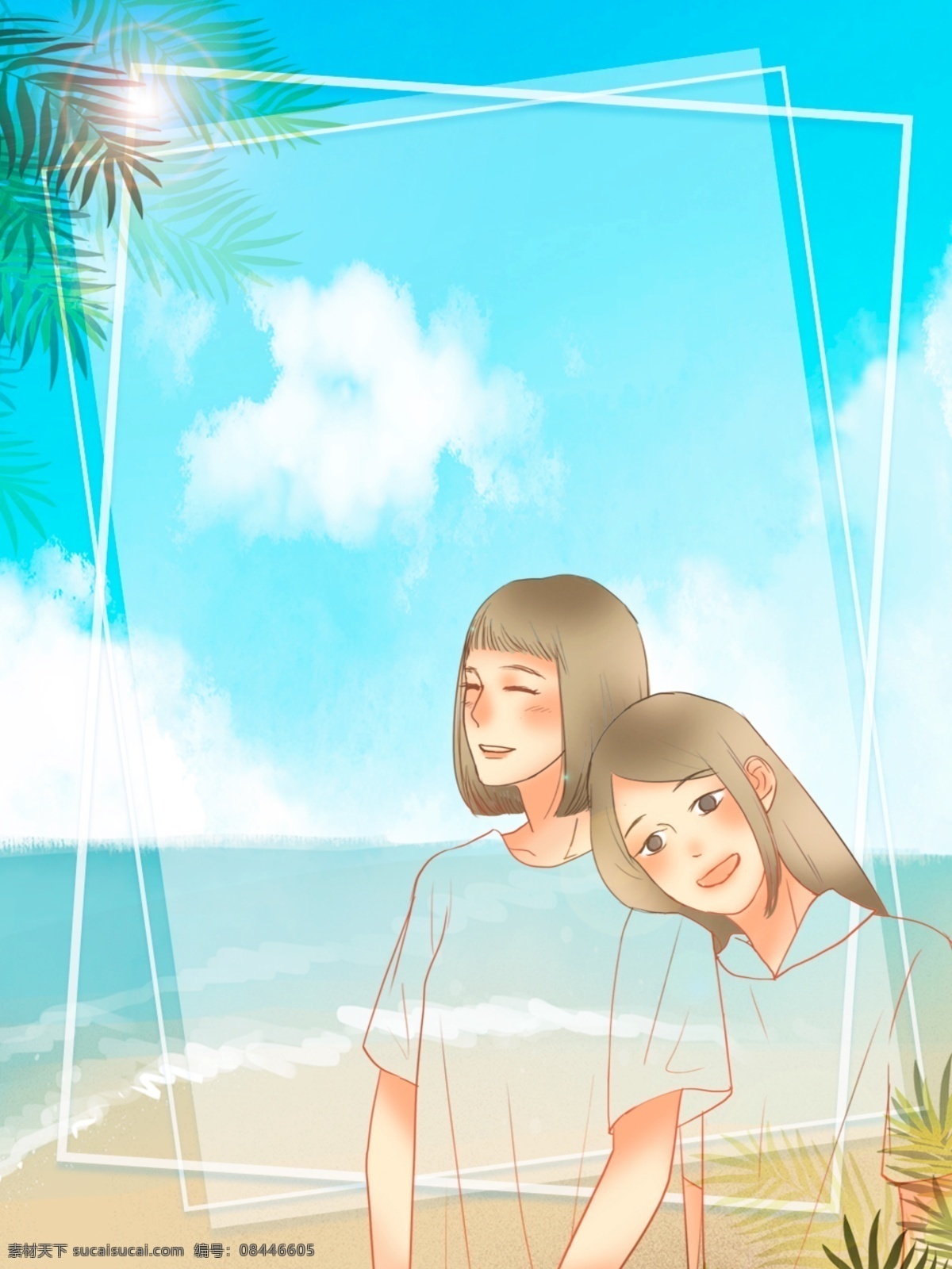 漫画 线 稿 手绘 小清 新日 漫 好友 闺 蜜 海边 背景 漫画风 线稿 小清新 日漫风 朋友 闺蜜 h5背景