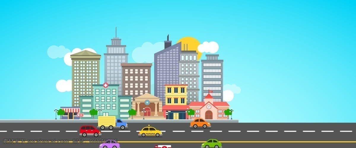 简约 卡通 矢量 城市 缩影 清新 车辆 海报 banner 童趣 手绘