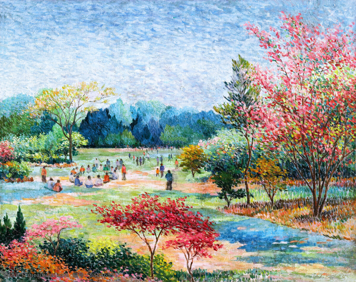 草地 春色 风景 公园 花木 绘画 绘画书法 美术 公园景色 油画 树木 游人 油画艺术 油画作品21 文化艺术 家居装饰素材