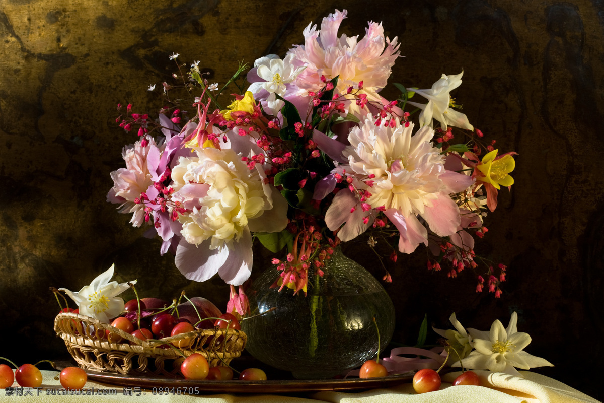 灿烂 牡丹 花朵 花篮 花瓶 生活百科 生活素材 鲜花 灿烂牡丹 百花之王 油画 近物写实 装饰素材