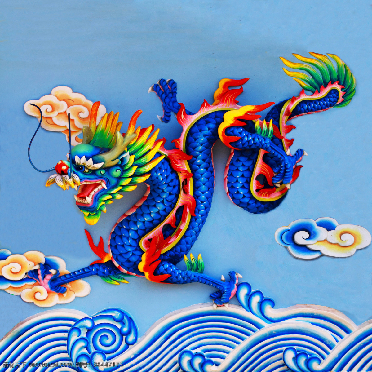 中国 古典 雕塑 飞龙 浮雕 龙 云 海浪 蓝色
