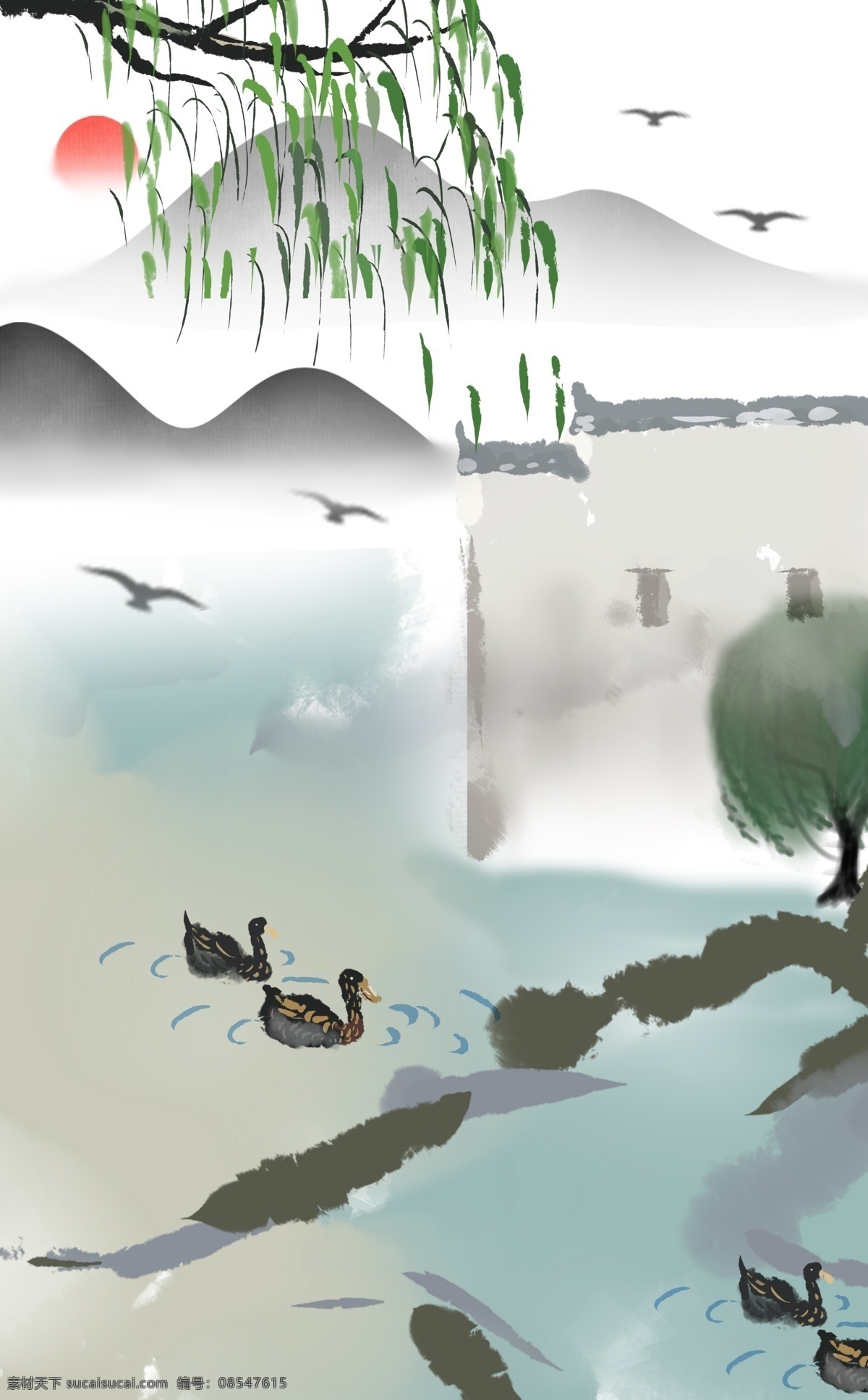 95 中式 江南 水乡 水墨 手绘 竖 版 装饰画 江南水乡 竖版 家居画 油画