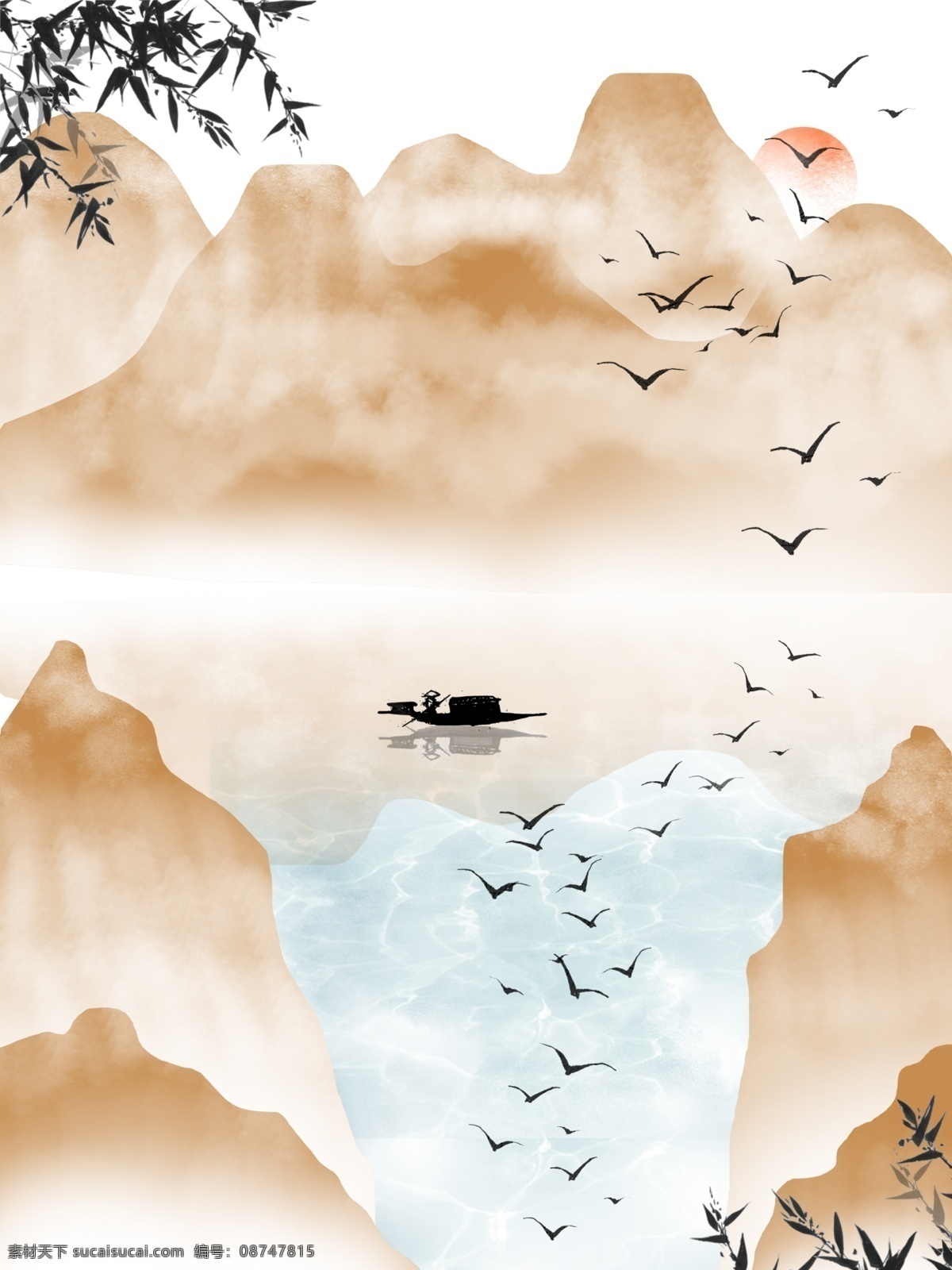 中式 浓雾 山水 装饰画 中国画 山水画 船只 飞鸟 日落 中式画