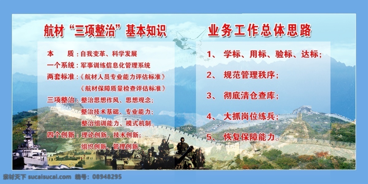 部队 广告设计模板 军人 其他模版 坦克 万里长城 源文件 中文字体 部队开卷有余 航材 三 项 整治 基本知识 业务工作 总体 思路 展板 部队党建展板
