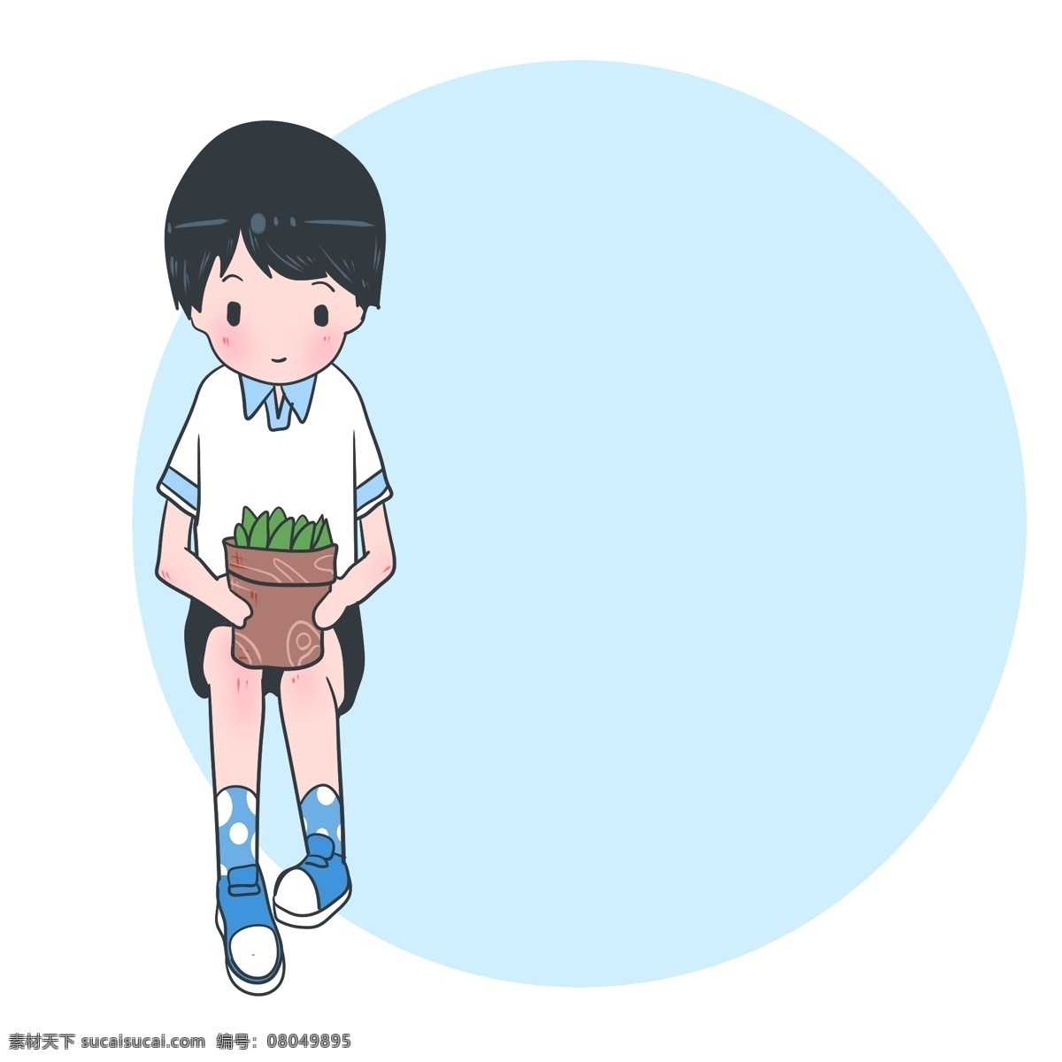 小 男孩 抱 花盆 边框 卡通 装饰 小男孩抱花盆 蓝色圆形边框 小学生 盆栽 卡通小人