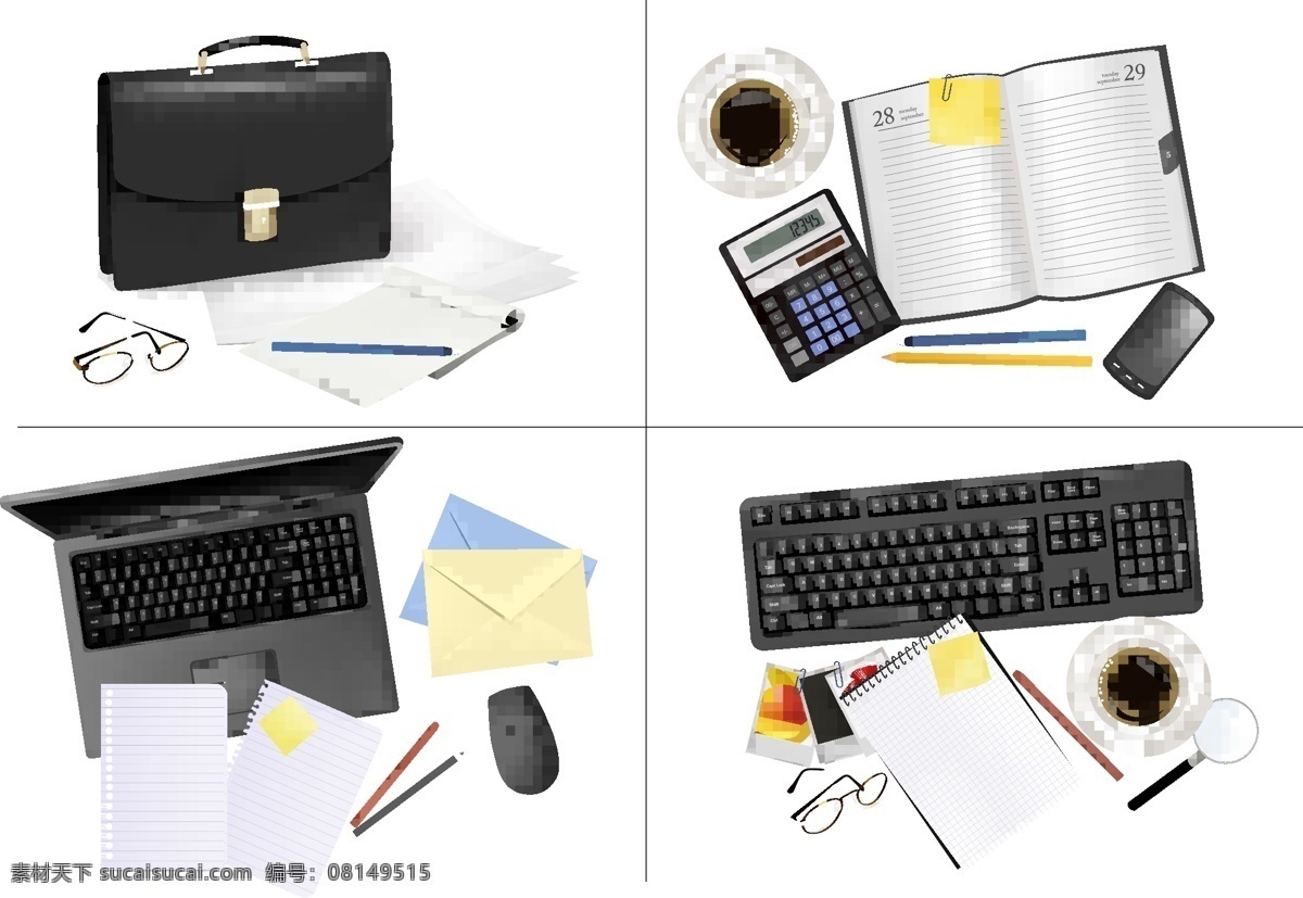 矢量 办公用品 办公室 笔 笔记本 材料 计算器 记事本 键盘 咖啡 手机 本书 信封 眼镜 手提袋 纸 物资 矢量图 日常生活