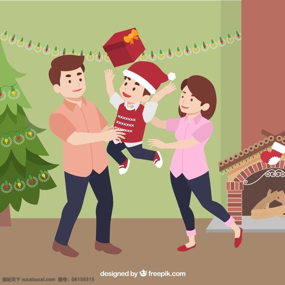 快乐 孩子 圣诞老人 帽子 礼物 父母 快乐的孩子