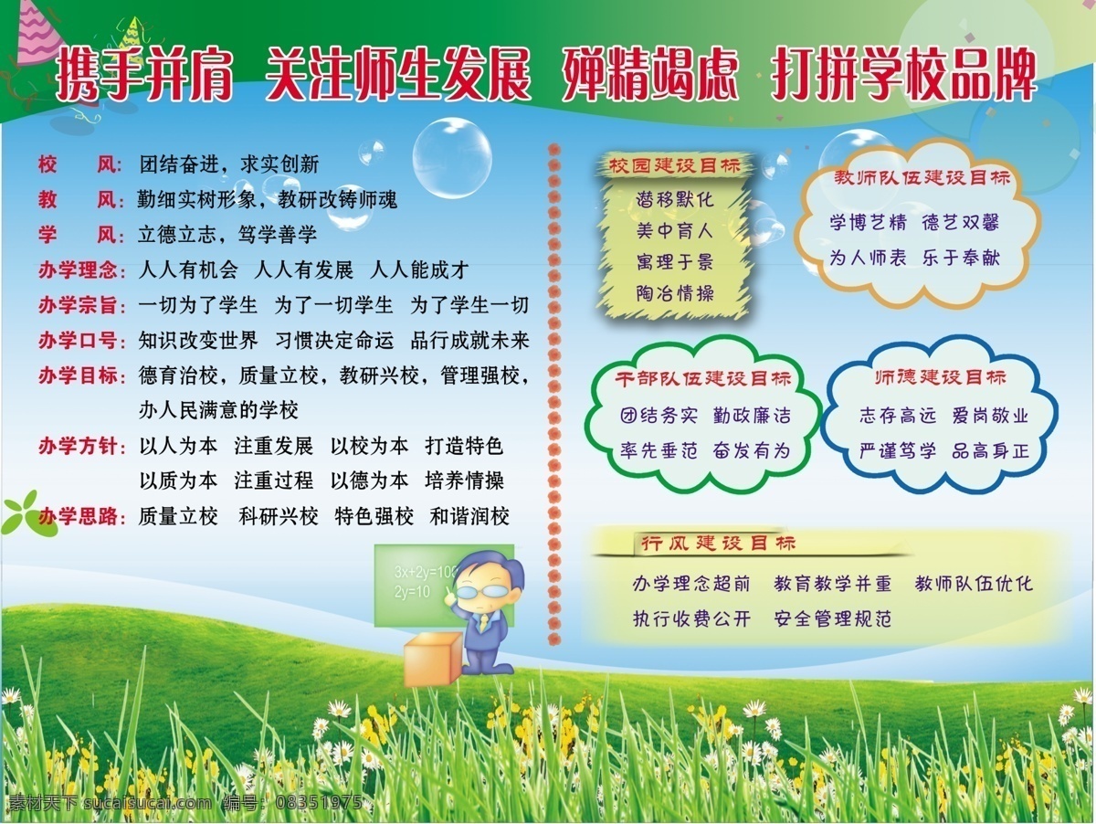 背景 草地 广告设计模板 卡通图片 文字排版 学校展板 源文件 展板模板 校风 学风 教风 展板设计 其他展板设计