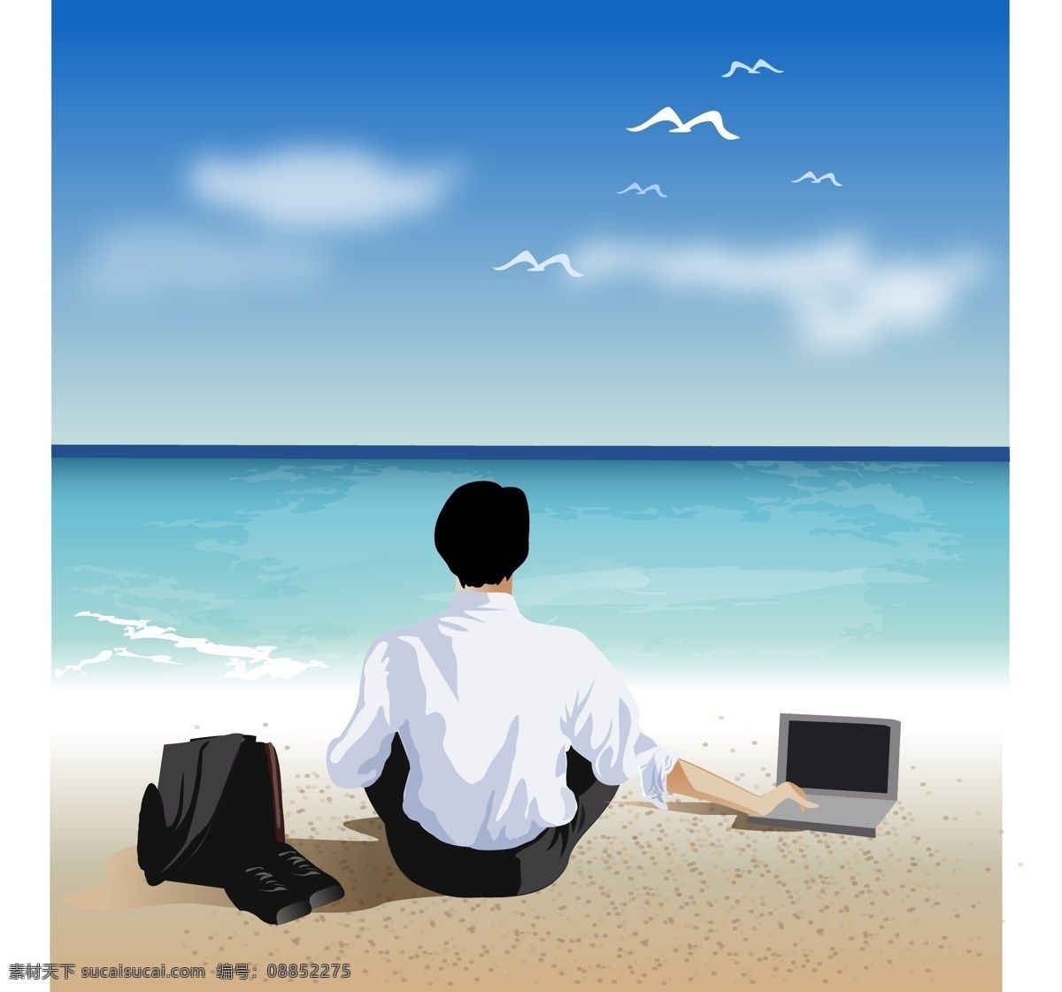 海边 度假 男士 碧水 电脑 飞鸟 海滩 矢量人物 矢量图库 云彩 职业人物 边度假的男士 兰天 夏日海滩度假