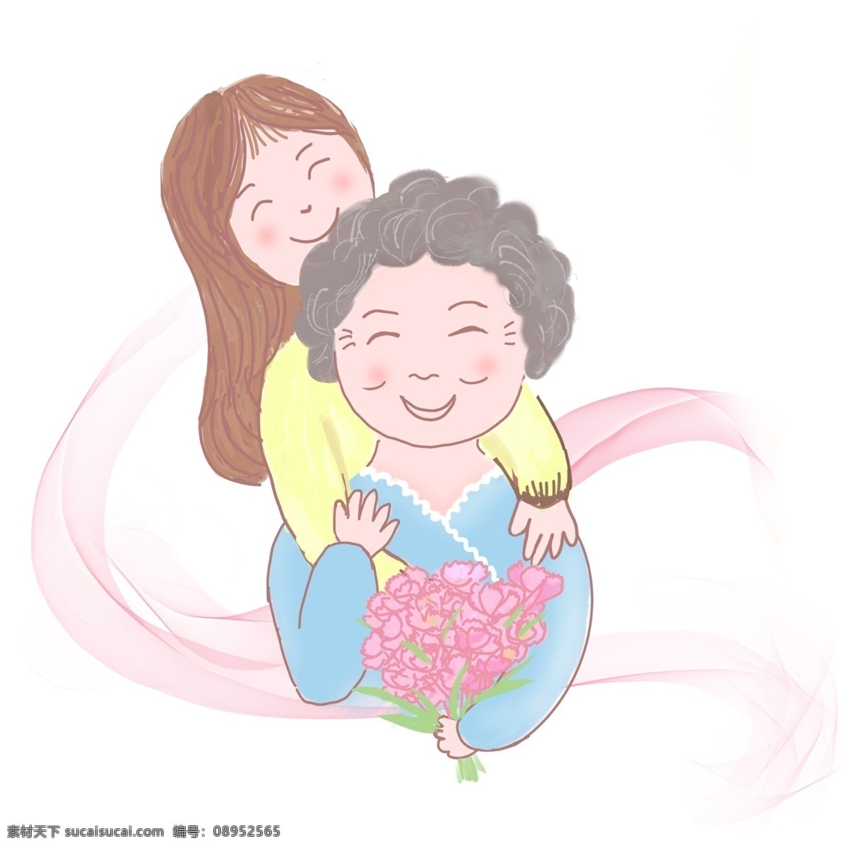母亲节 人物 插画 人物插画 妈妈 女儿 节日快乐 康乃馨花束 母女 温馨 亲情