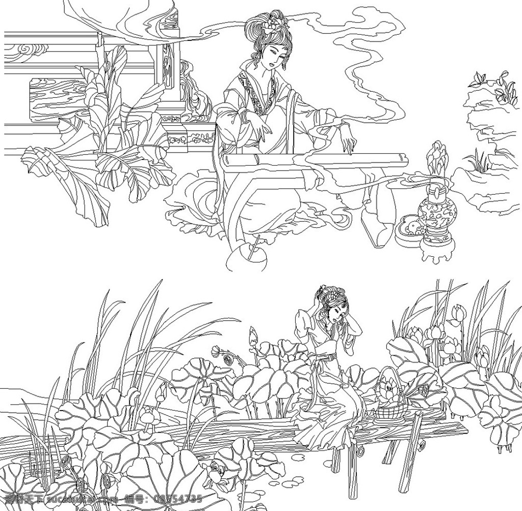 古典美女 美女 古装人物 荷花 荷花背景 插图 插画 矢量图 人物素材 背景素材 人物设计 中国风 简笔画 黑白人物图 玻璃印花 壁画 雕刻画 手绘人物 仕女图 手绘 鼠绘人物 仙女图 印花图案 古书画 古书插图 线条图 文化艺术 传统文化