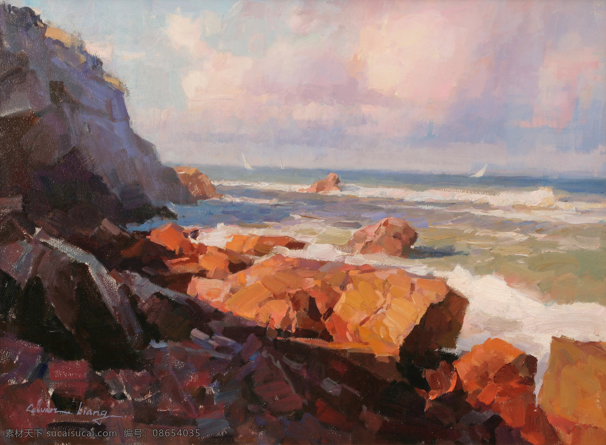 海边 礁石 高清风景油画 海边礁石 油画 海边礁石油画 装饰素材
