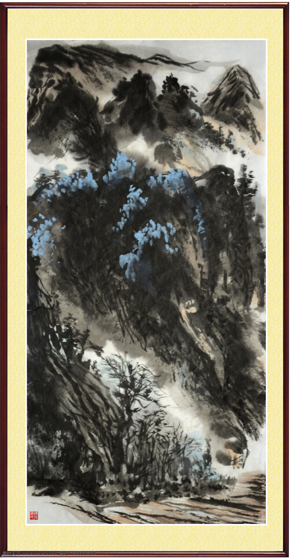 风景画 国画山水 绘画书法 美术作品 山 山峰 山路 山水画 山下的路 中国画 石 云雾 纸本设色 迷雾 白雾 石山 远树 杂树 树木 树林 远山 石头 石块 印章 陈强 国画作品 文化艺术 家居装饰素材 雕刻 图案