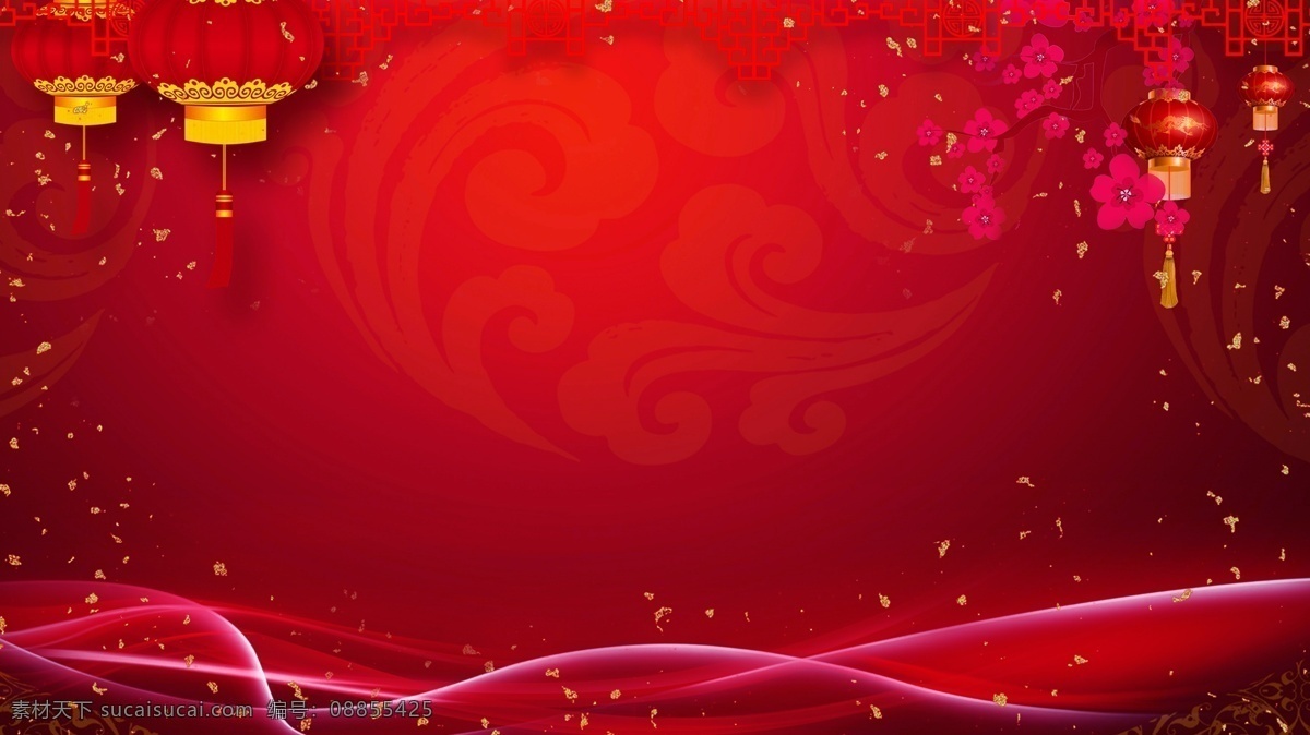 喜庆 红色 花瓣 广告 背景 广告背景 红色背景 灯笼 花朵 飘带 梅花 花枝 金点