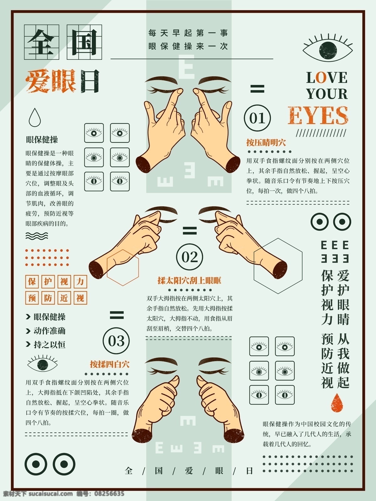 眼保健操图解 校园文化 绿色 眼保健操 挂图 视力图 视力
