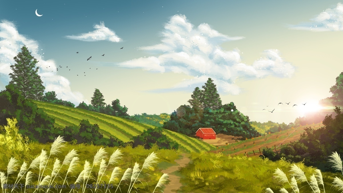 平原 草原 插画 卡通 背景 素材图片 清新 类 分层