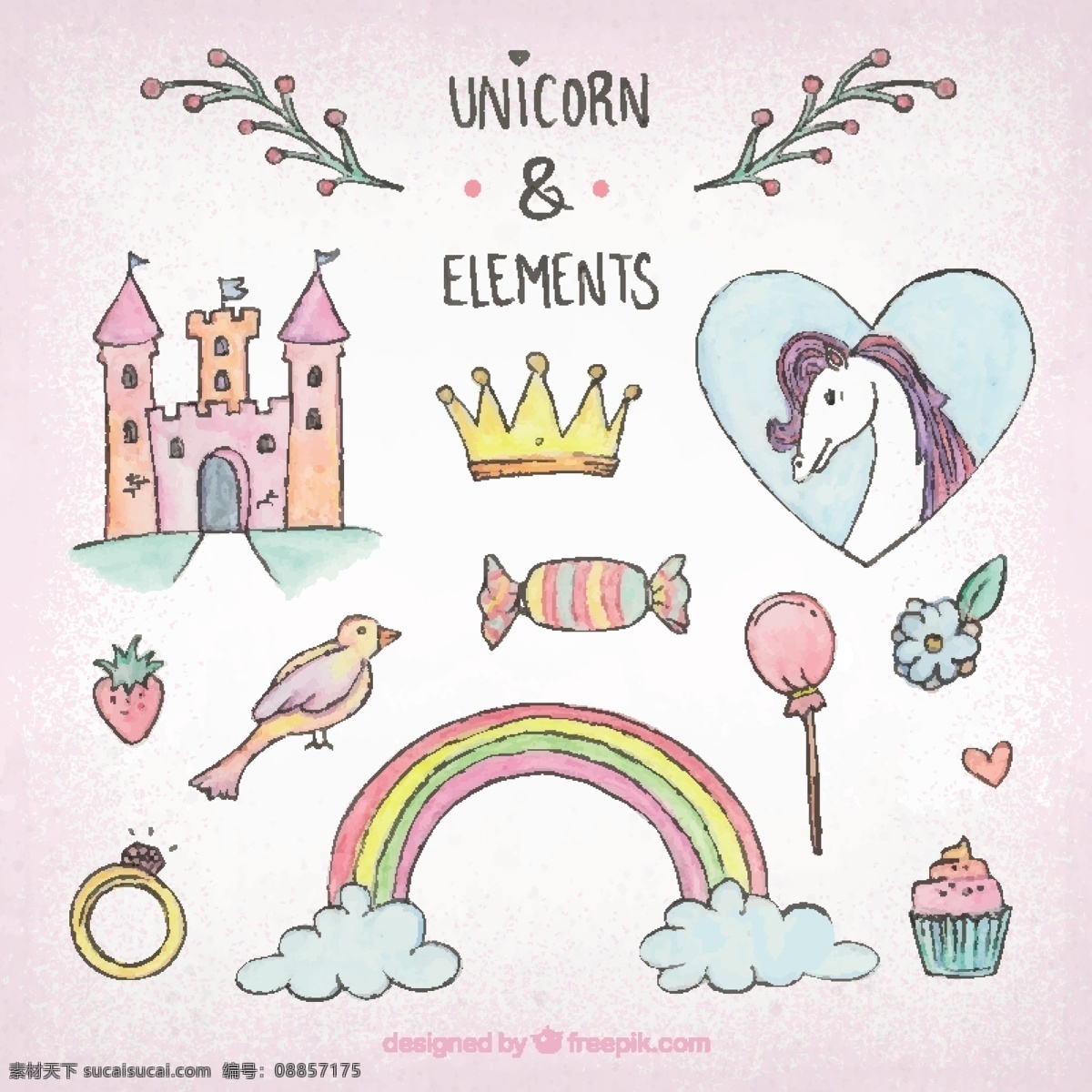 麒麟城堡元素 皇冠 动物 蛋糕 糖果 彩虹 马 可爱的 城堡 甜 环 魔术 童话 元素 可爱 幻想 独角兽 故事 包 喇叭