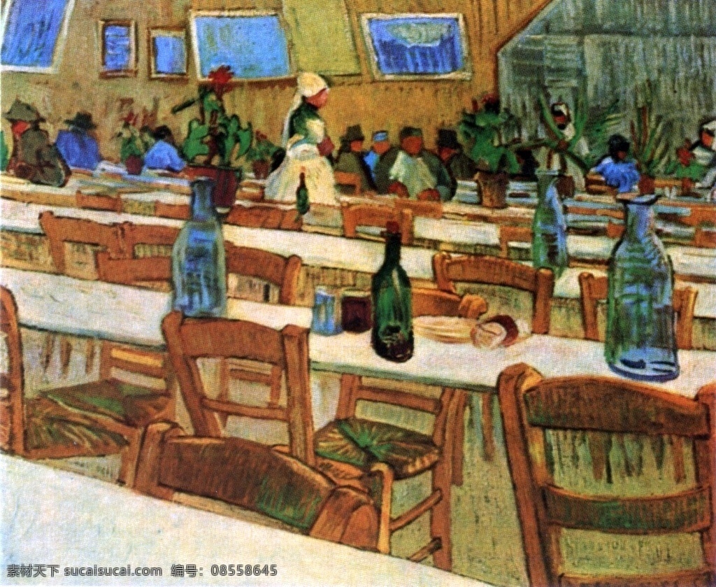 饭店 餐桌 油画 无 框 画 装饰画 房屋 暖色调 客人 饭厅 画框 人物