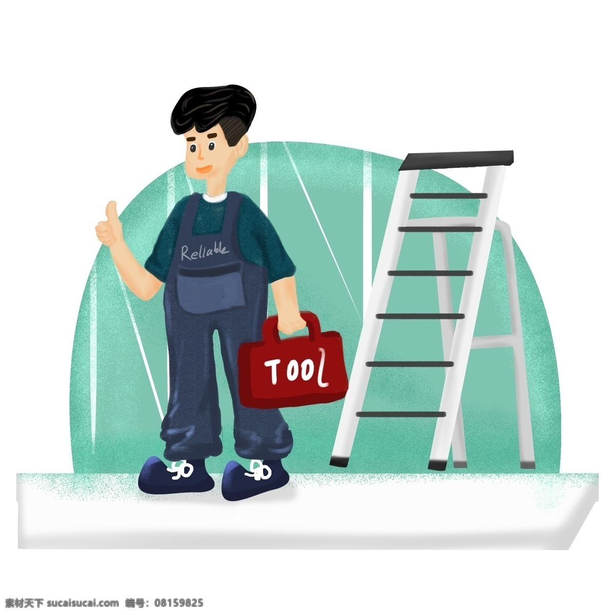 卡通 风格 可爱 装修工 小 男孩 小男孩装修工 装修工人 领着手提箱 背带裤 梯子 卡通工人 原创手绘 安全第一 工作服 肌理背景 卡通可爱手绘 海报