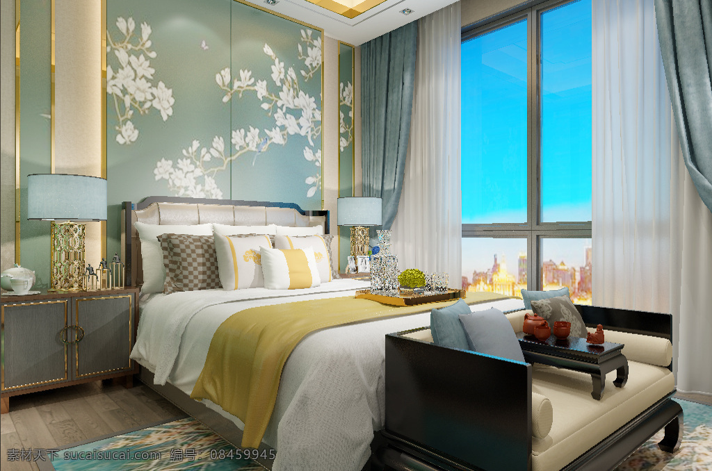 新 中式 卧室 效果图 背景墙 清新 时尚 3d 新中式 前卫 青色