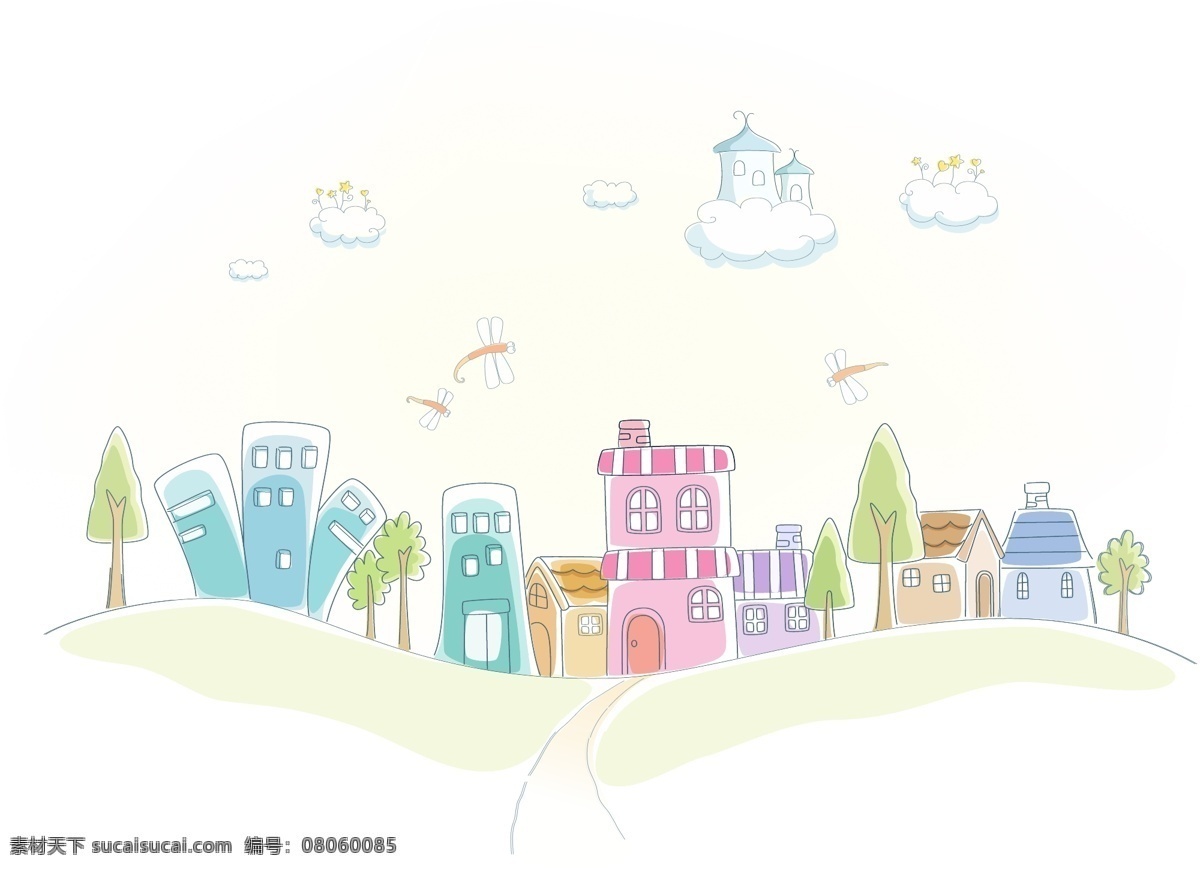 手绘 彩色 房子 创意 童话 矢量图 建筑家居