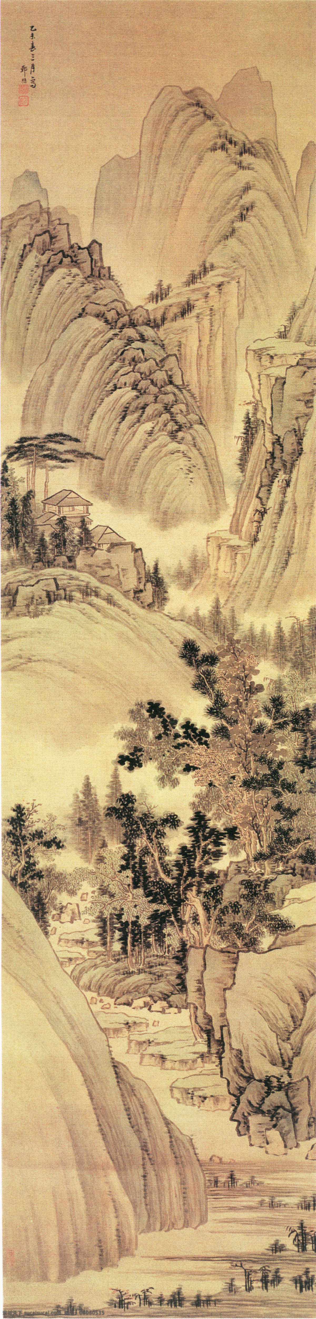 名家 邹 拮 山水 名画 书画 图 之一 古画 山水画 山水图 书画真迹 中国水墨画 名家邹拮 立轴 绢本 文化艺术