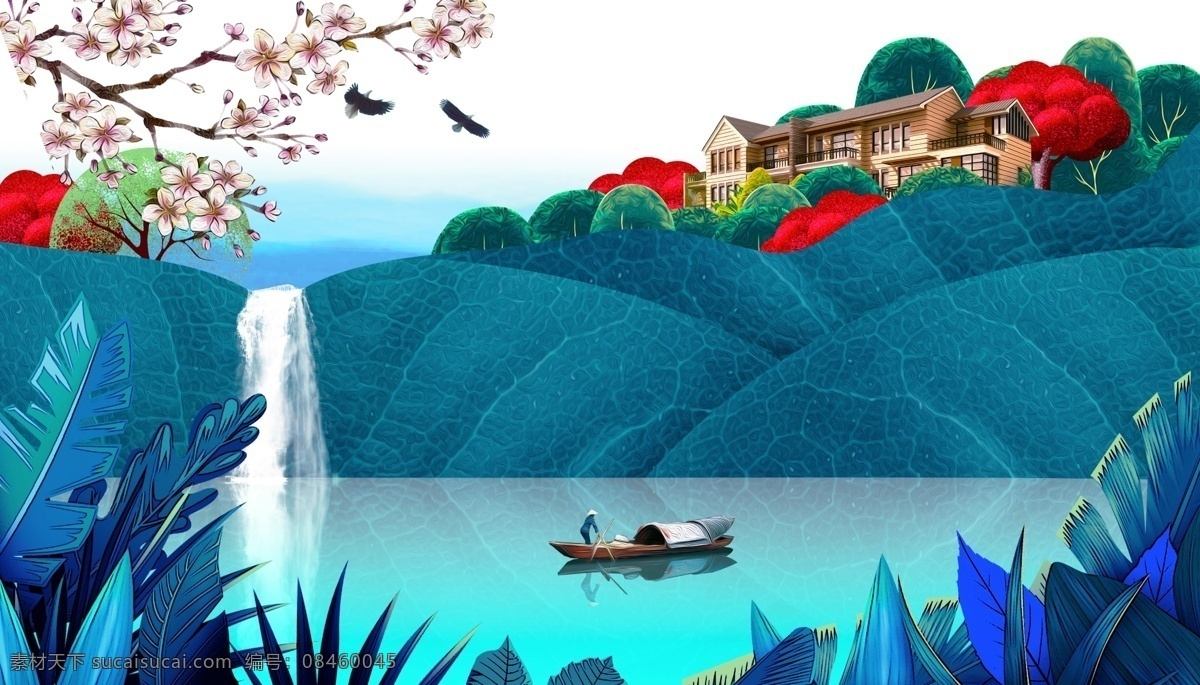 唯美 蓝色 湖面 花枝 别墅 背景 风景 海报背景 背景素材 炫彩 广告背景 psd背景 壁纸 彩色背景 渐变背景 彩色海报 通用背景 唯美背景下载 高清背景