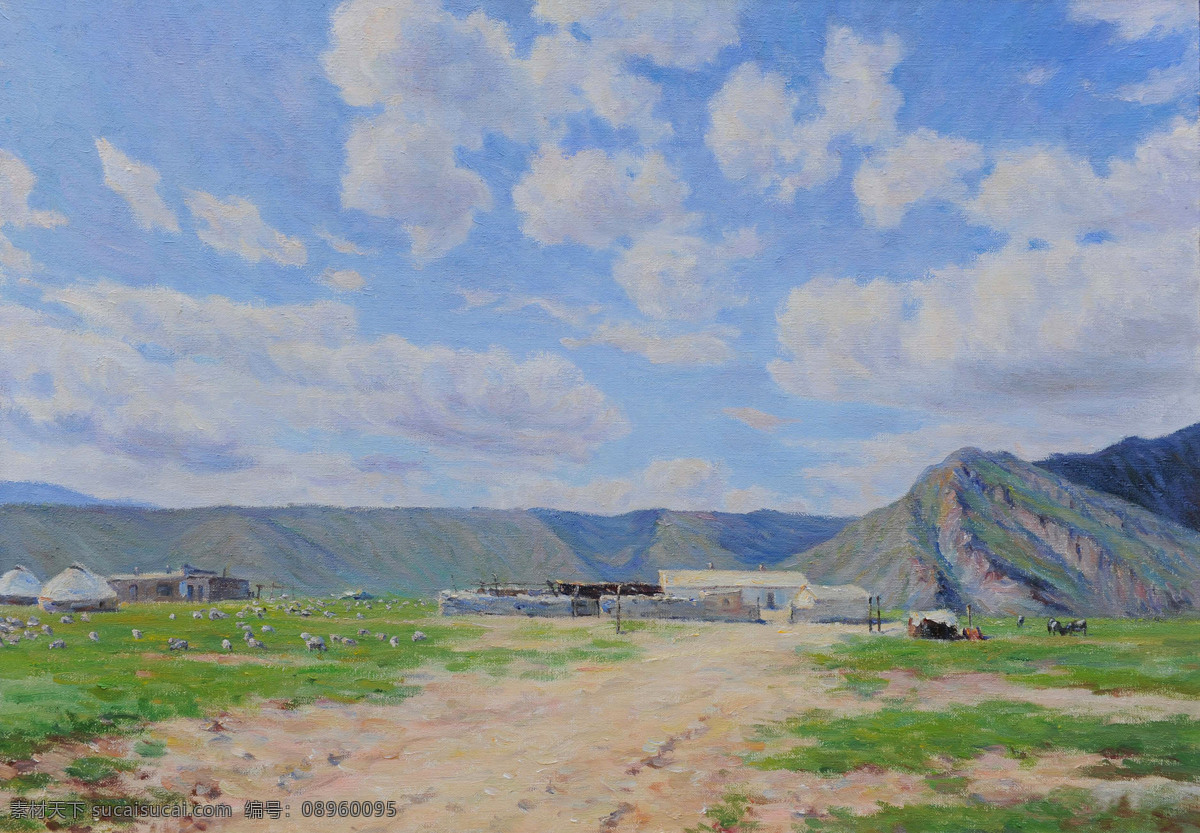草地 房屋 风景 绘画书法 美术 山岭 文化艺术 天山 设计素材 模板下载 天山风景 油画 羊群 泥路 油画艺术 油画作品54