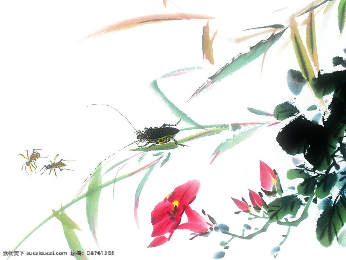 古典 花草 花朵 绘画书法 昆虫 蚂蚁 设计图库 水墨 昆虫世界 中国水墨画 植物 线条 蜥蟀 文化艺术 生物世界