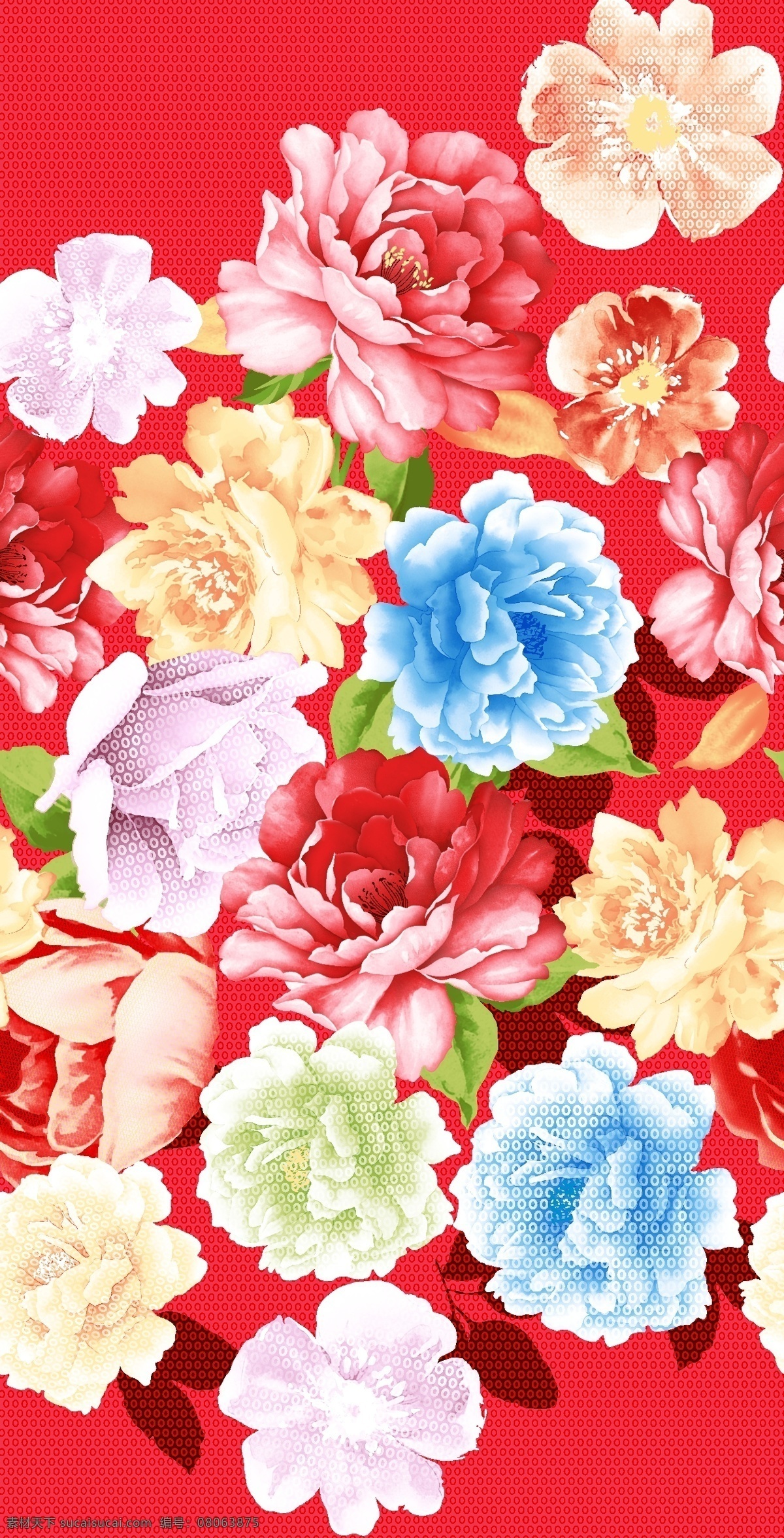 彩色中式花卉 红色 蓝色 花朵 植物 高清图片
