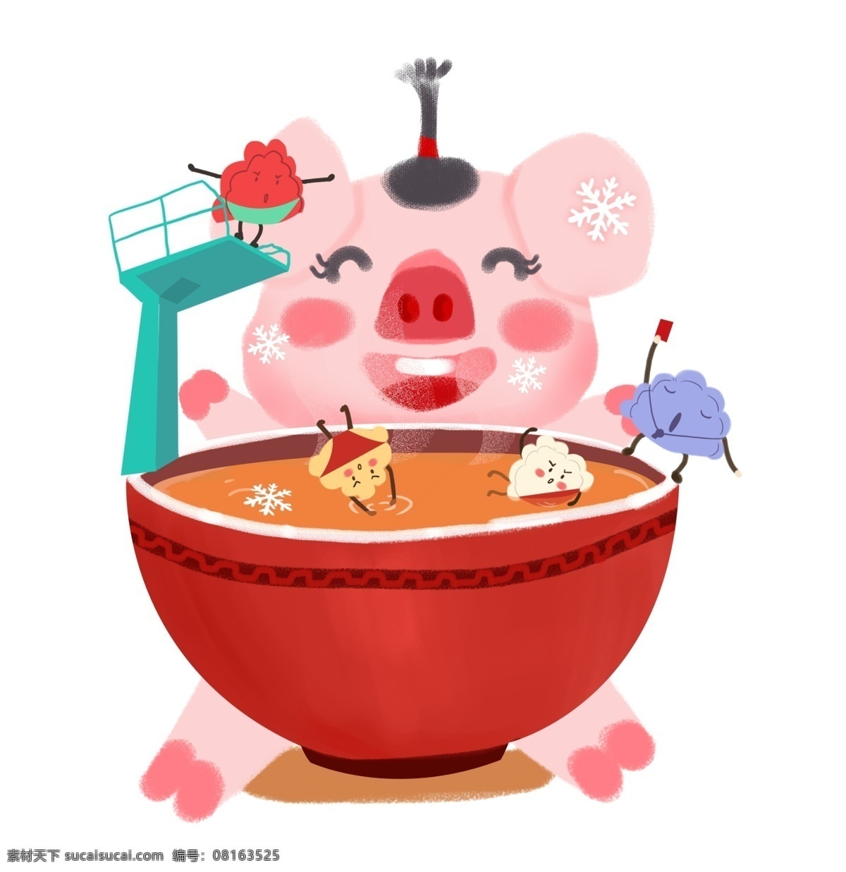 春节 冬至 卡通 手绘 吃 饺子 可爱 年画 猪 吃饺子 颜色 冬至吃饺子 搞笑 跳水 大笑的猪猪 吃饺子的猪猪